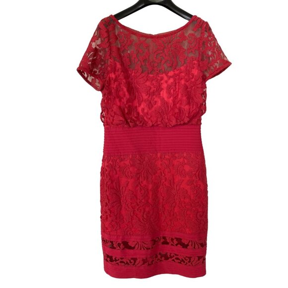 Tadashi Shoji Red Blouson Waist Sheer Embroidered Lace Dress Sz 12 Holiday - Picture 4 of 13